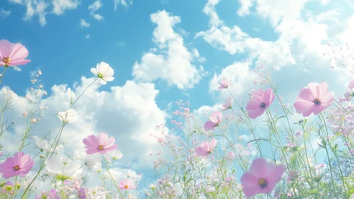 Cosmos and Daisies Blooming Against Summer Clouds.