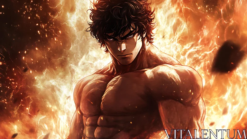 Muscular anime fighter standing before intense flames.