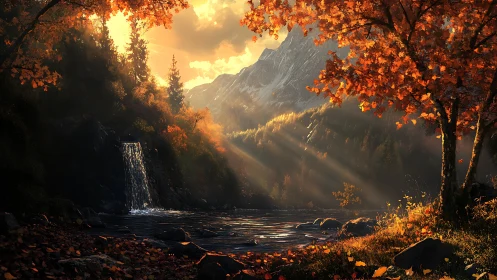 Sunlit waterfall and river traverse an autumn forest valley