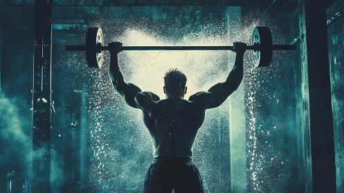 Backlit weightlifter holds loaded barbell in misty gym