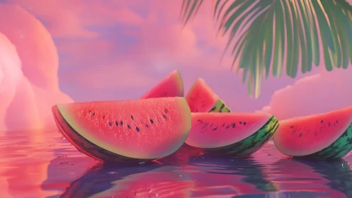 Watermelon slices on reflective water at sunset.