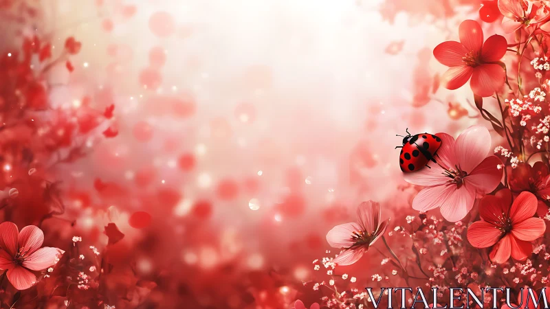 Ladybug on Red Cosmos Flowers with Bokeh Lighting.