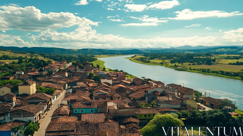 River-hugged hill town glowing under a wide open summer sky.