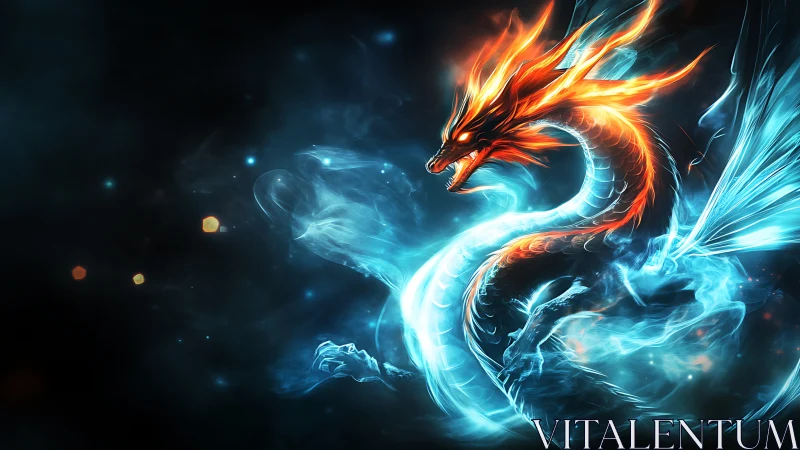 Elemental dragon coils through blazing cyan ether storm.