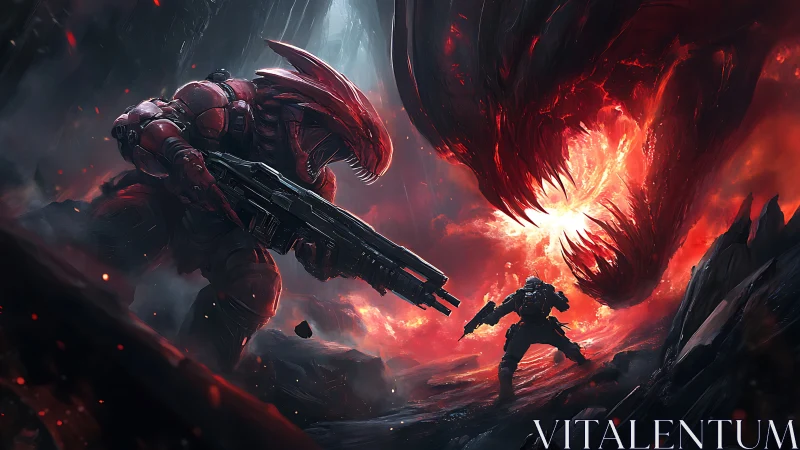 Inferno clash of alien titan and lone space soldier at dusk.