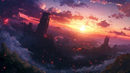Volcanic fantasy skyline glows under incendiary sunset light