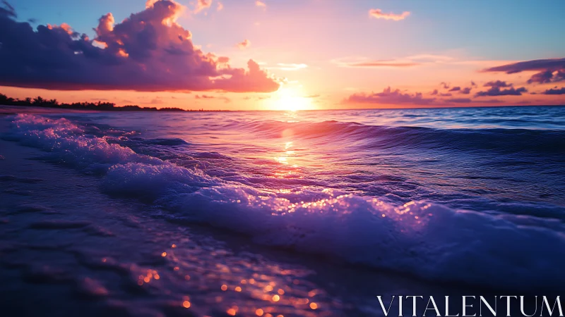 Sunset illuminates low breaking waves along coastal shoreline