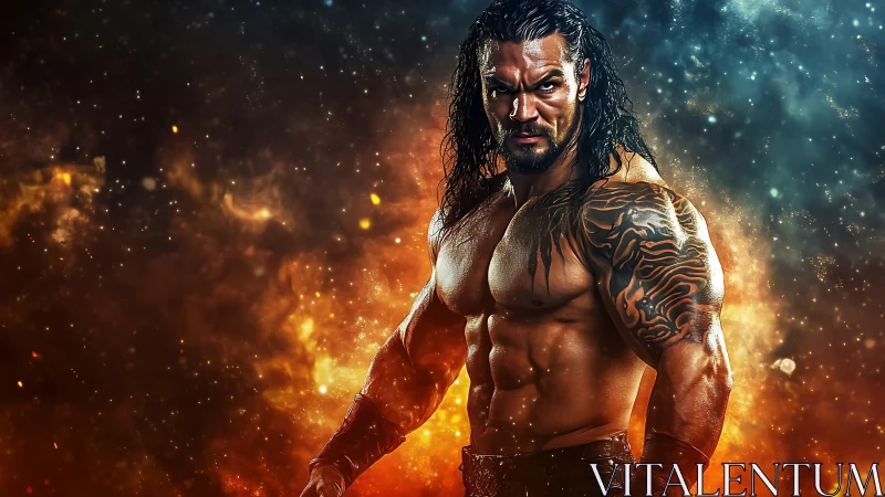 Tattooed storm warrior rises from molten cosmic embers