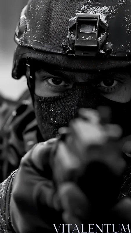 Winter-eyed operative steadies aim in stark monochrome focus.