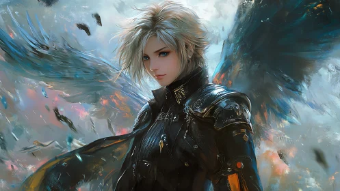 Winged warrior stands calm in swirling, stormy skies