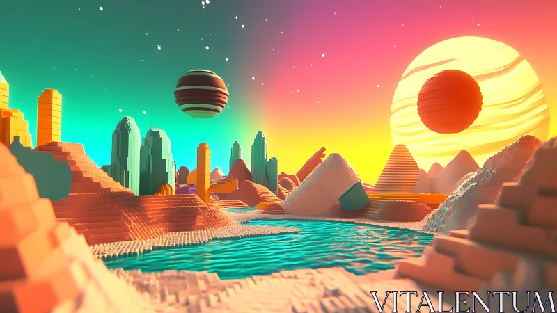 Voxel desert landscape with water and stylized planets.