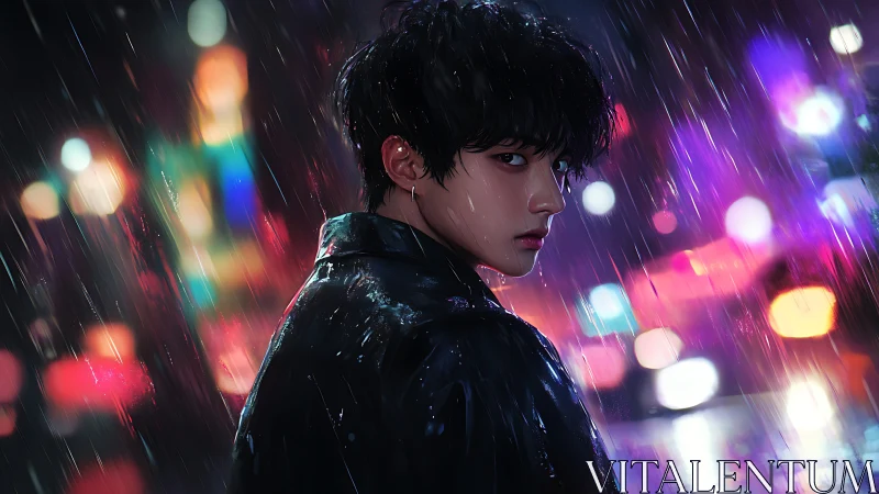 Young man in neon city rain with intense side glance.