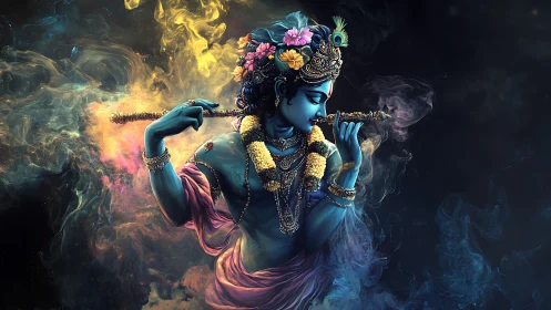 Blue-skinned divine figure with flute in smoky abstract space.