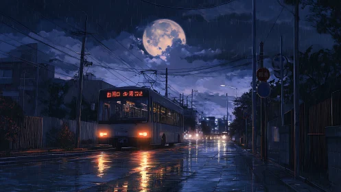 City bus drives through rainy street under bright full moon