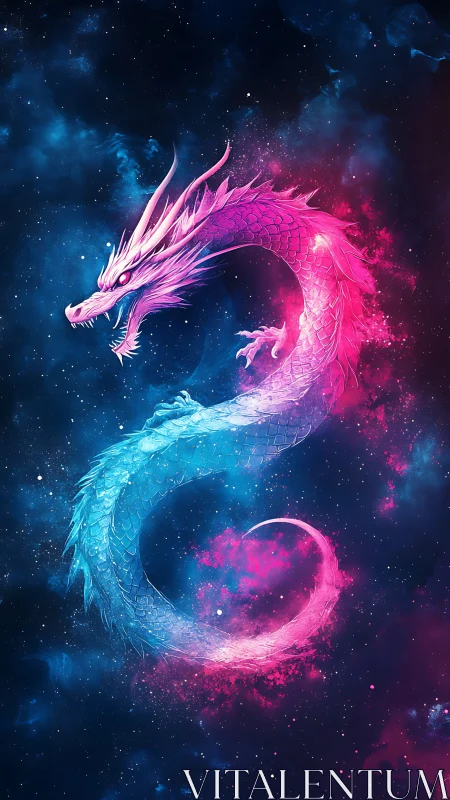 Celestial neon dragon coils through a glowing cosmic void