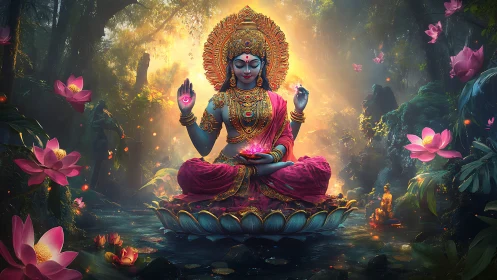 Radiant lotus goddess meditates in a glowing jungle sanctuary