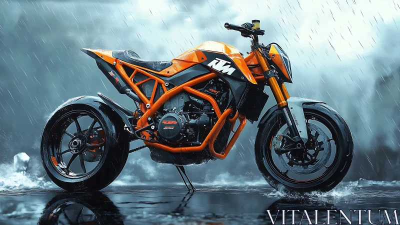 Orange streetfighter motorcycle in cinematic rain scene.