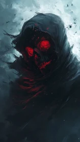Hooded crimson skull emerges from swirling spectral storm