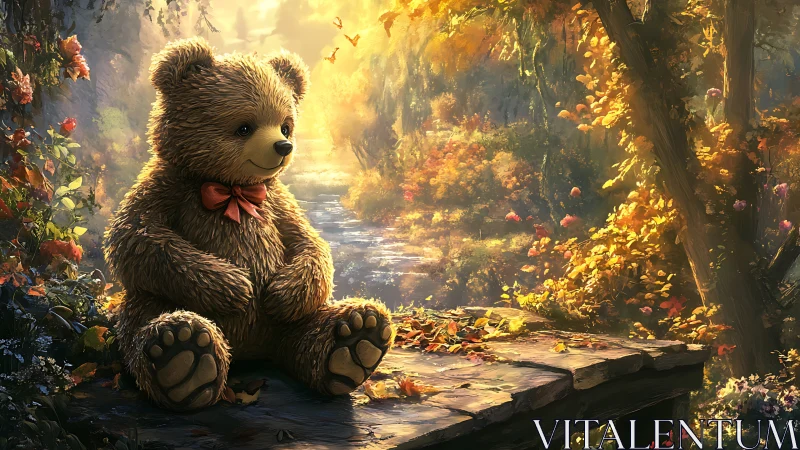 Stuffed bear sits on wooden platform beside sunlit stream