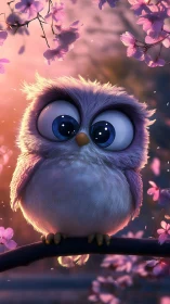 Cartoon owl with oversized eyes sits on branch at sunset