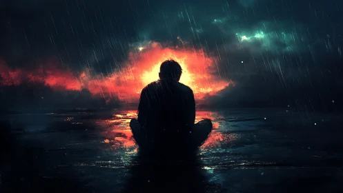 Solitary figure before burning horizon under stormy rain.