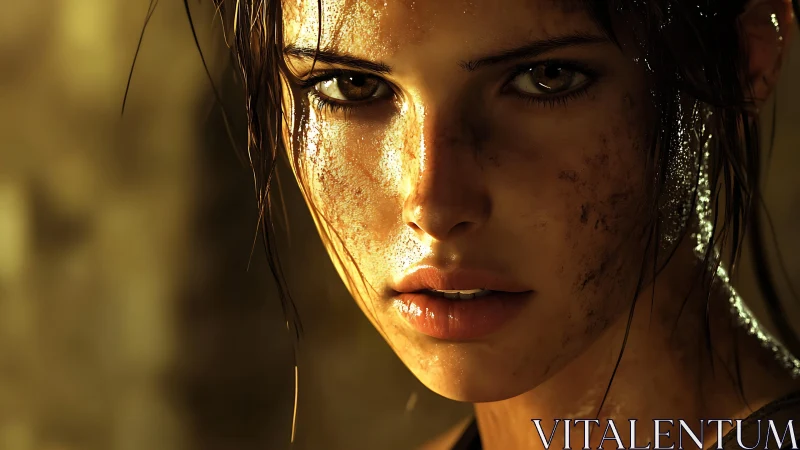 Battle-worn heroine in cinematic golden side lighting closeup.