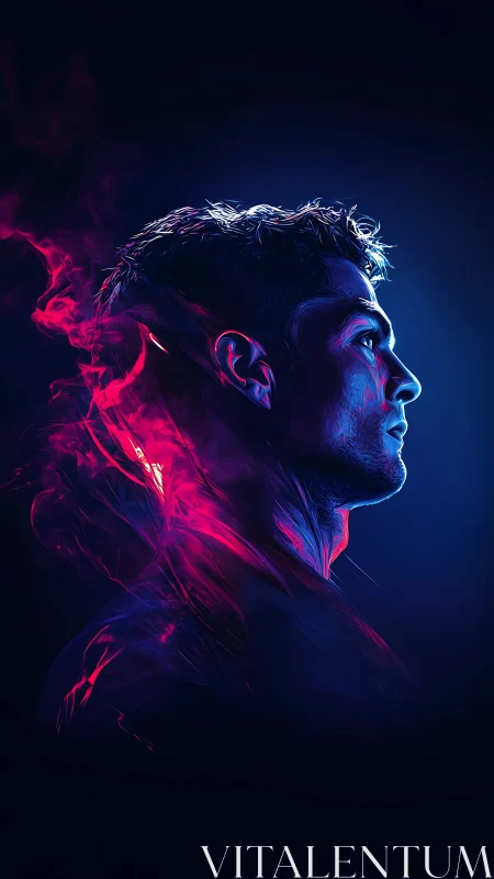 Neon ember soul ignites in electric blue and crimson haze.