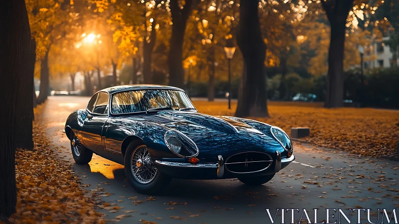 Vintage blue coupe in sunlit autumn park with leaf-strewn road