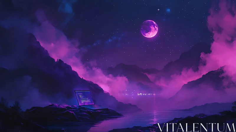 Neon moonlit mountain lake with lone laptop and magenta volumetric fog