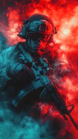 Tactical soldier holds rifle amid red and teal battlefield smoke