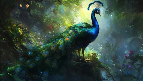 Majestic Peacock in Lush Enchanted Forest, Vibrant Digital Art.