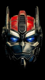 Symmetrical metallic mech helm with emissive blue optics.