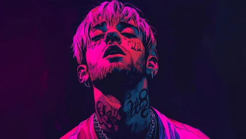 Neon-lit portrait of tattooed figure with upward gaze.