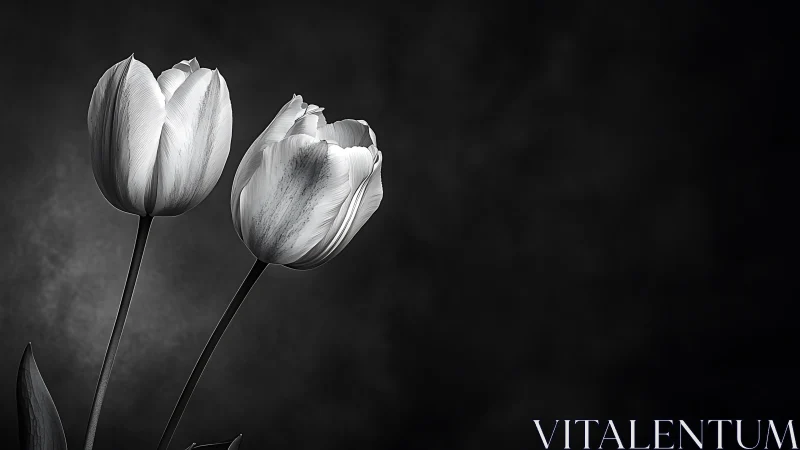 Two Tulips with Striped Petals Against Dark Background
