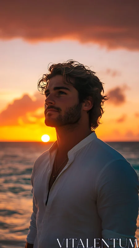 Man in white shirt standing by ocean during vivid sunset.