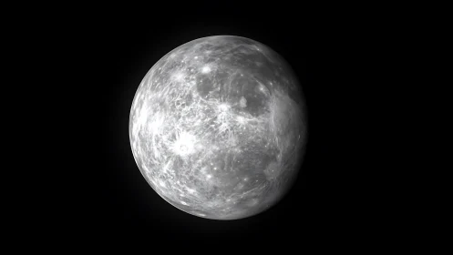 Silvery cratered moon globe drifting in deep black silence.