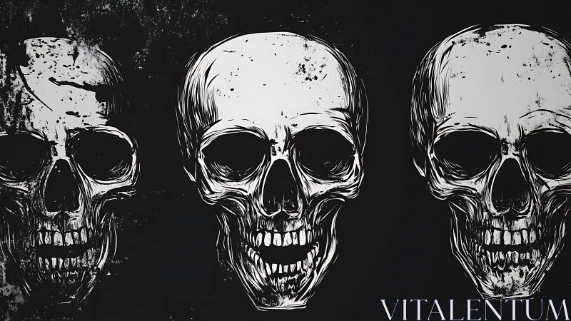 Triptych of monochrome skull illustrations on dark field.