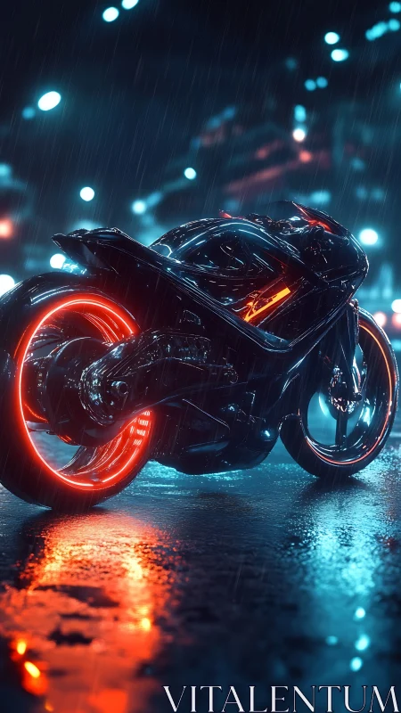 Neon cyber bike under rainlit streets, glowing wheel trails.