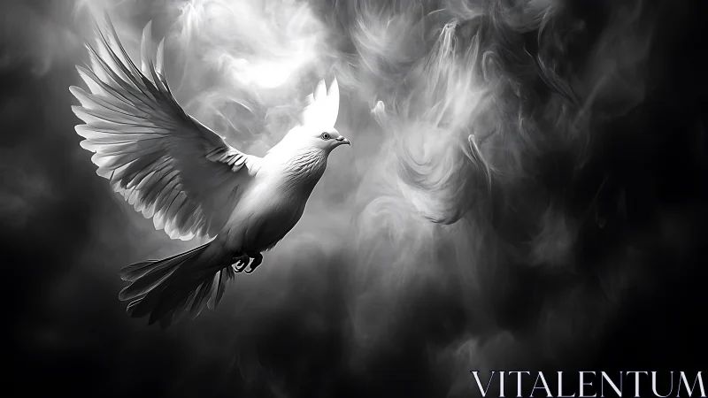 High-contrast monochrome dove ascending through luminous smoke