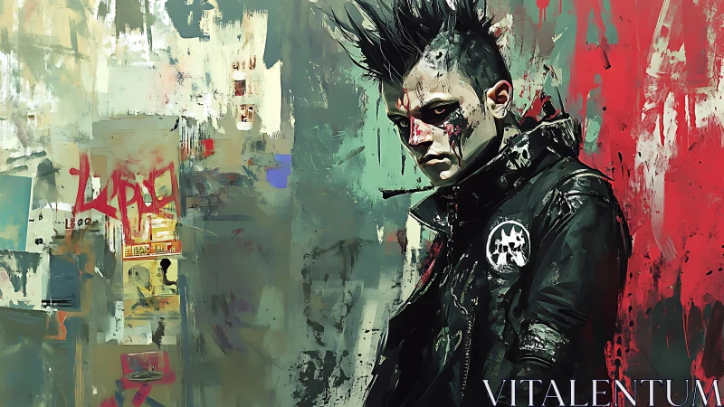 Urban punk loner amid grunge graffiti splatter backdrop.