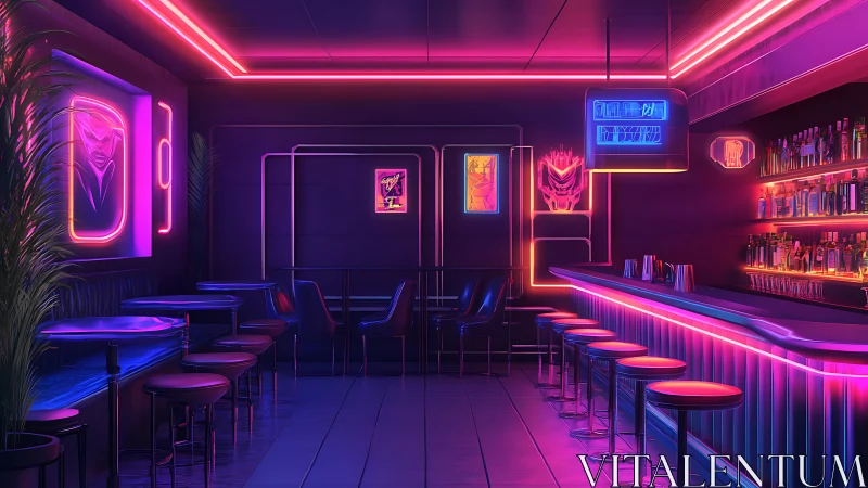 Neon-lit cyber bar interior uses saturated magenta-blue rim lighting