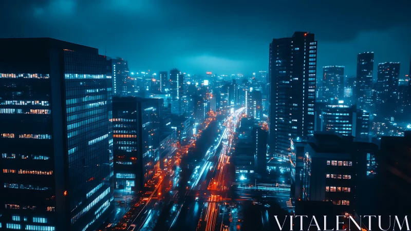 Neon-soaked night cityscape with cyan and orange glow.