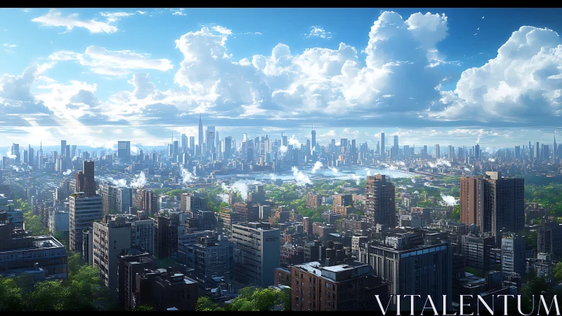 Sunlit futuristic metropolis under expansive cloudbank.