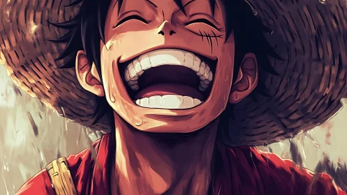 Joyful straw hat hero in vibrant close-up anime portrait.