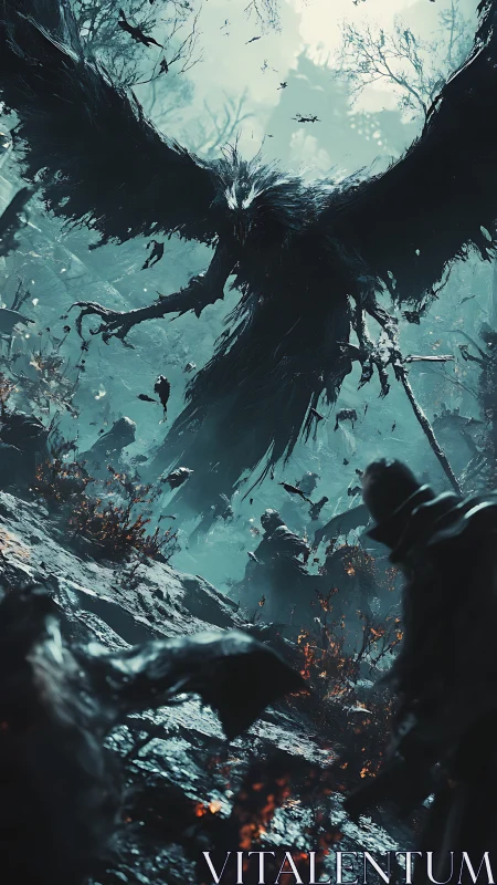 Gigantic shadow crow descends over battlefield with dynamic motion blur
