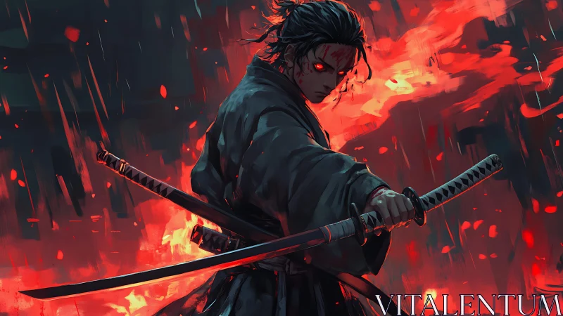 Demonic-eyed samurai holds twin katanas amid infernal blaze