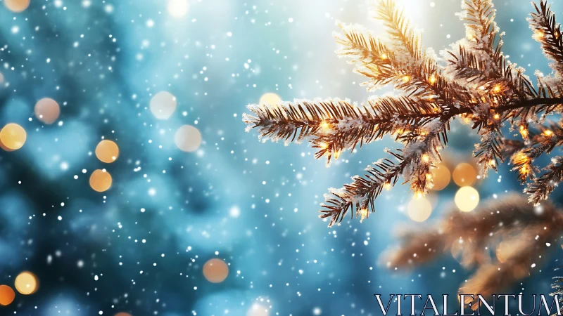 Snow covered Christmas tree branch with glowing lights.