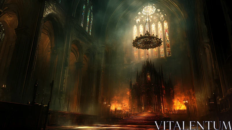 Gothic cathedral nave with burning apse and stained glass illumination