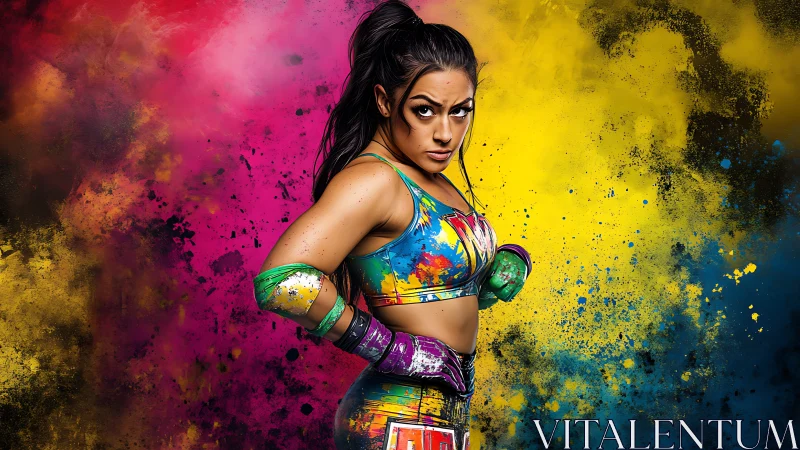 Athletic Female Subject in Combat Sports Apparel Against Chromatic Powder Diffusion Background