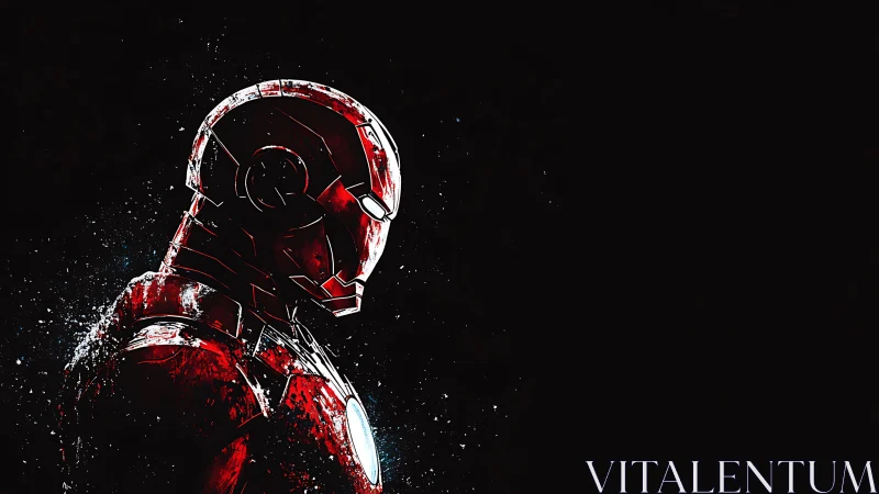 Red armored helmet profile in splattered digital rendering.